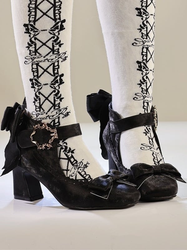 Black with Bow Elegant Block Accented Heel Lolita High