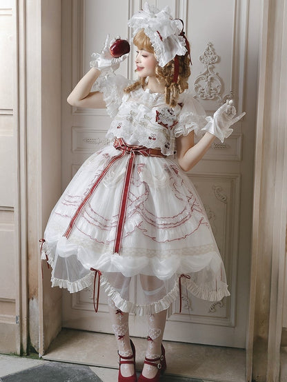 Bowknots Scalloped Red White Edge and Dress Cherry Lolita Embroidered with Overlay Trim Hime