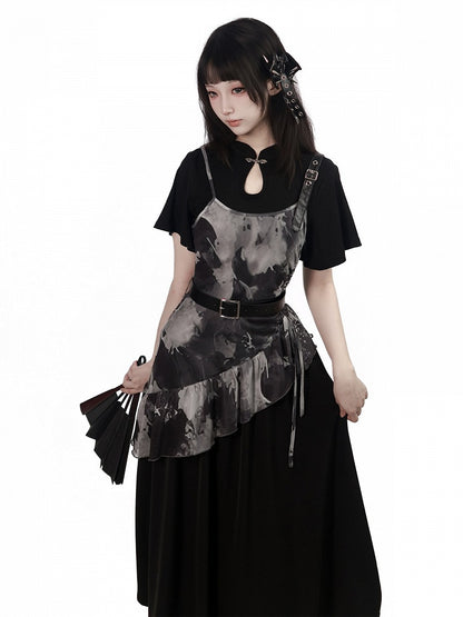 Black Mandarin Collar Blouse with Ruffle Sleeves - PINK SAVIOR