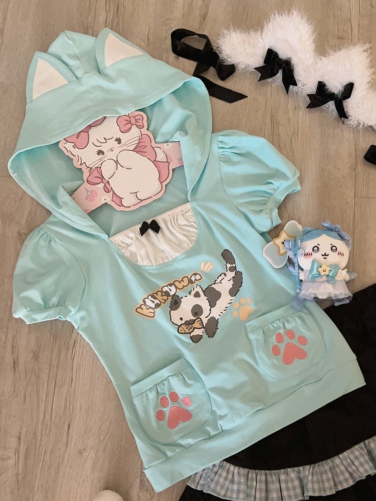 Two-piece with Hoodie Pocket Kawaii Design T-shirt Daily Blue Cat-ear Hood Details