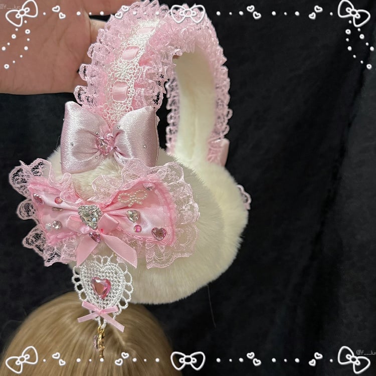 Earmuffs Bow with Texture Lace Gyaru Fashion Pink Hime Fuzzy