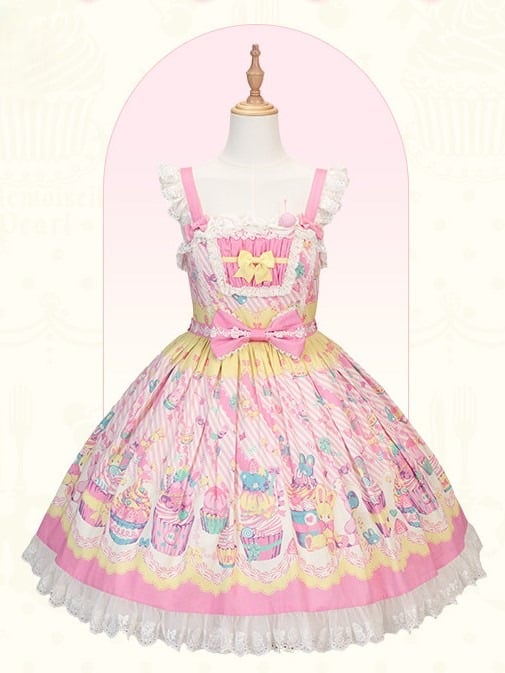 Trim Flutter and Sleeves Yellow Lolita JSK Cupcake with Dress Prints Sweet Lace Pink