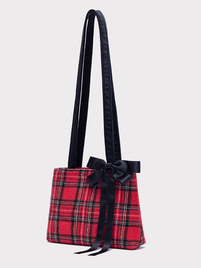 Chic Red Plaid One-Shoulder Mini Tote With Detachable Black Bow