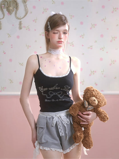 ブラック リボンプリント レーストリム キャミソールトップ