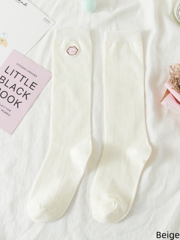 White/Black/Beige Calf Kitten Paw Cute Embroidered Socks