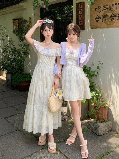 Lavendelfarbene Sommer-Strickjacke mit V-Ausschnitt und Blumenmuster