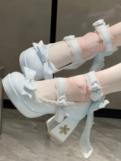 with Design Romantic Clasp in High Heels PU Openwork Lolita Sweet Floral Block Blue Heel