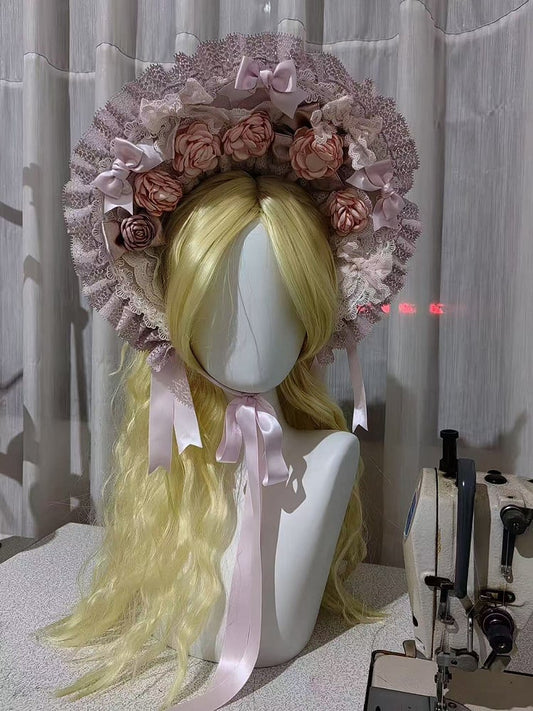 Adorned with Flowers Lolita Bow Pink Bonnet Accents and Lace-Trimmed