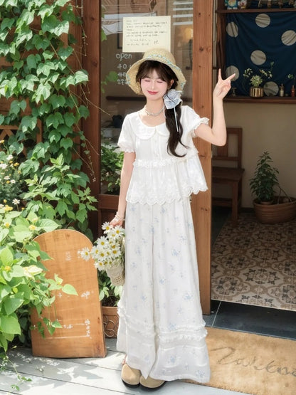 レーストリムブラウス ホワイト ピーターパンカラー パフスリーブ