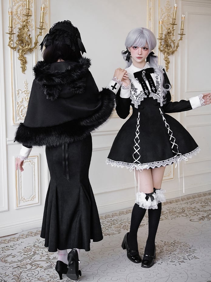 Cape Winter Black with Cat Ear Faux Fur Lolita Trim Hooded