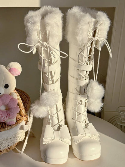 Boots - PU Cuff Charm Plush Closure Mid-heel Lace-up Creamy Pompon Knee-Length in White with