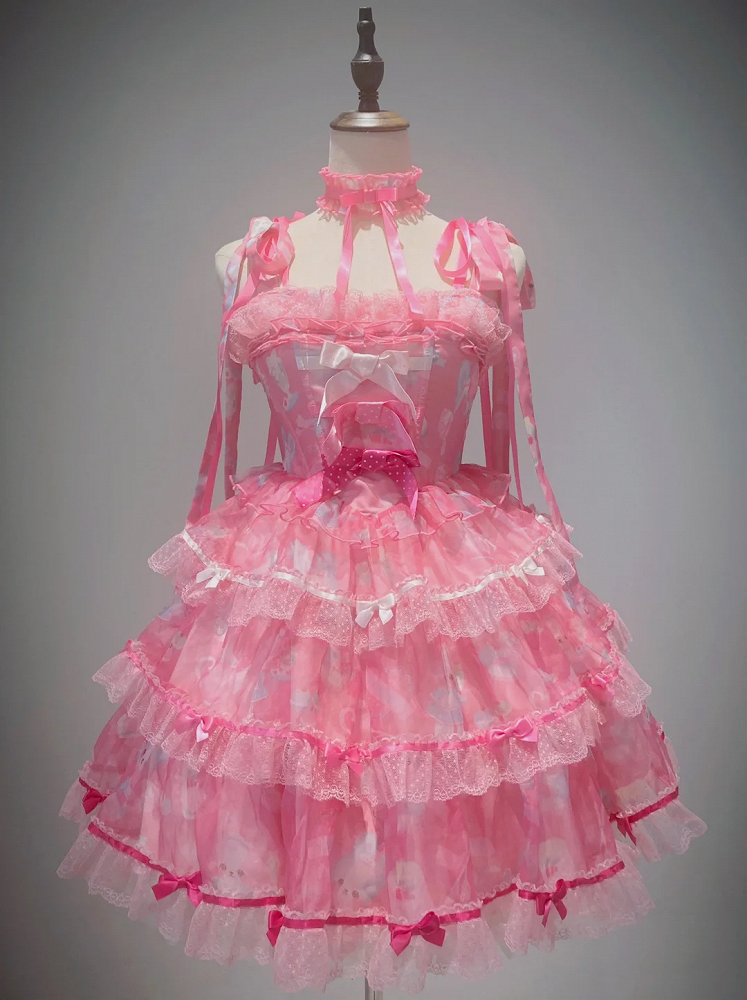 Cute Bunny Satin Bows with Tiered Skirt Pink Boning Dress
