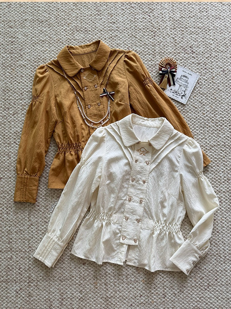 White Long Sleeve Smocked Waist Elegant Lolita Blouse - Crucis Universal Tailor Company