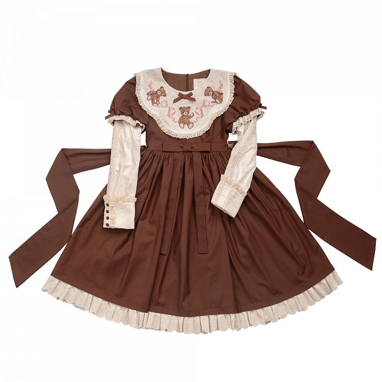 Trim Sweet Lace Bear Teddy Embroidered Lolita Sleeves Dresswith Puff Neckline Brown