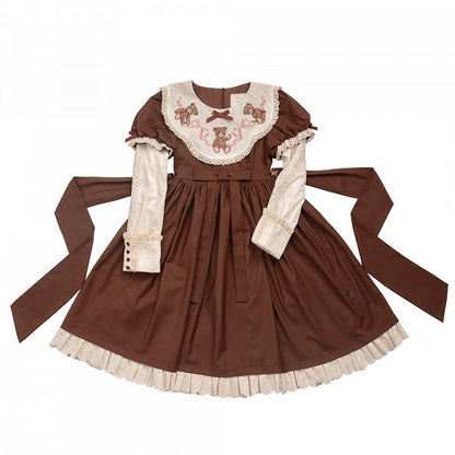 Trim Sweet Lace Bear Teddy Embroidered Lolita Sleeves Dresswith Puff Neckline Brown