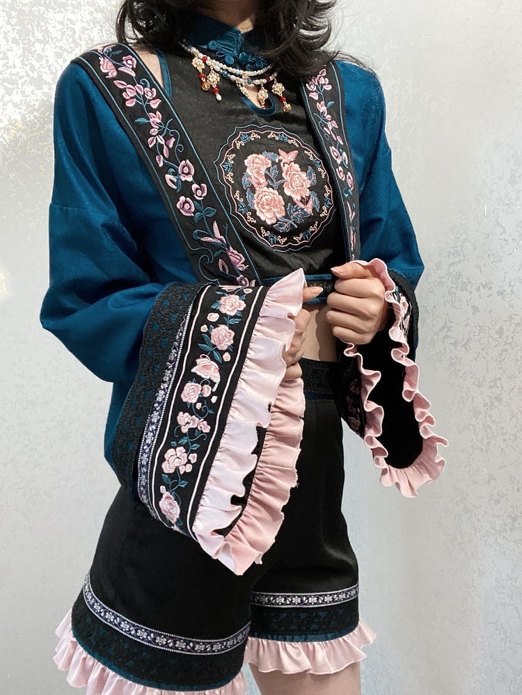 Sleeves Sleeveless Ouji Lolita Floral Chinoiserie + - Cropped Long Outfit Embroidery Shorts Style Top