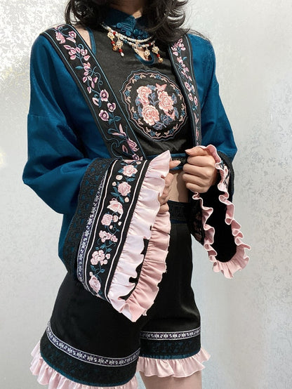 Sleeves Sleeveless Ouji Lolita Floral Chinoiserie + - Cropped Long Outfit Embroidery Shorts Style Top