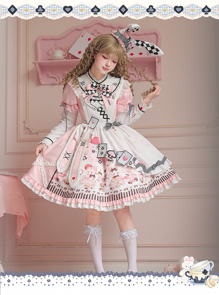 Sweet Lolita Apron Dress OP Full Set with Bunny & Teapot Print in Pink - Ying Luo Fu