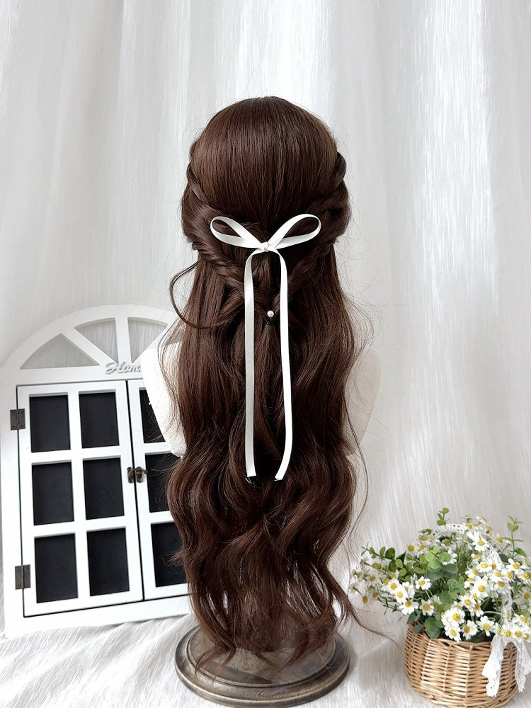 Chocolate Brown 76cm Wavy Curly Wig with Side-Swept Bangs and Braided Detail - Sleepy Fish
