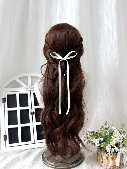 Chocolate Brown 76cm Wavy Curly Wig with Side-Swept Bangs and Braided Detail - Sleepy Fish