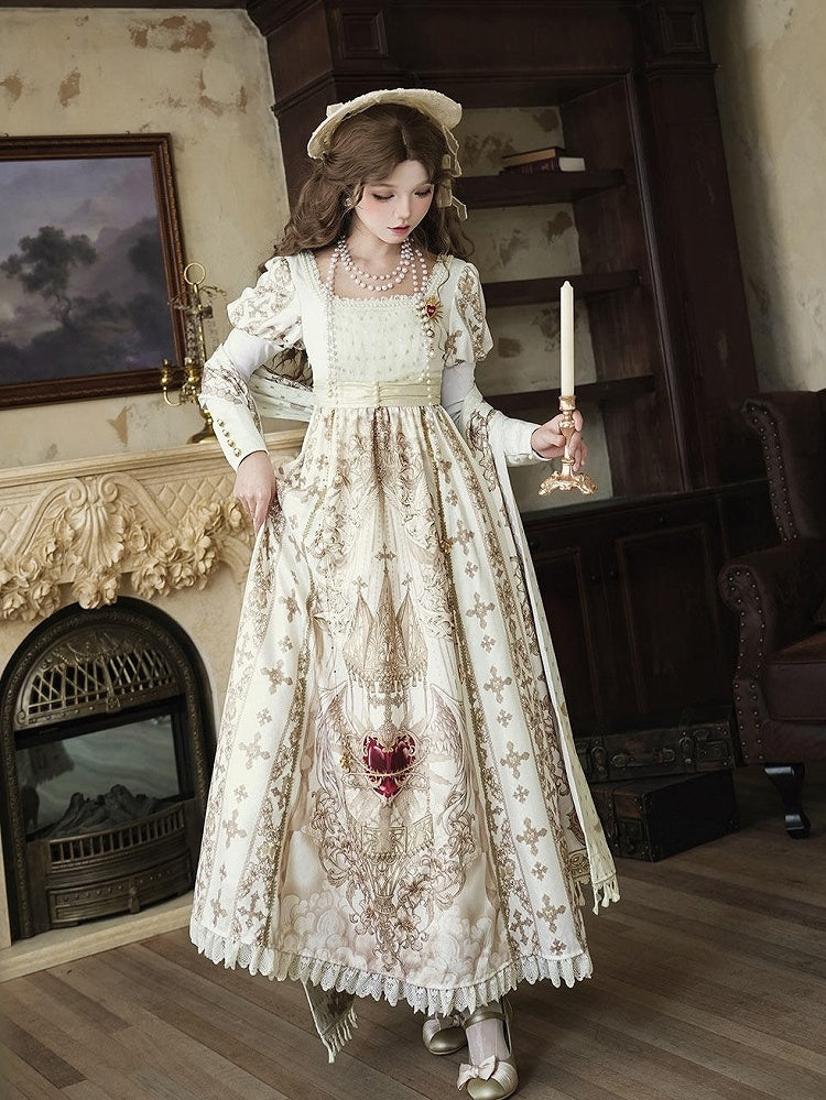 Gold Cross Gothic Lolita Empire Dress with Detachable Sleeves - Unknown Star