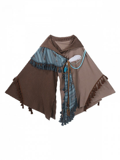 Wasteland Style Brown Asymmetrical Lolita Cape with Tassel & Bead Accents - Xiong Dou Jiang