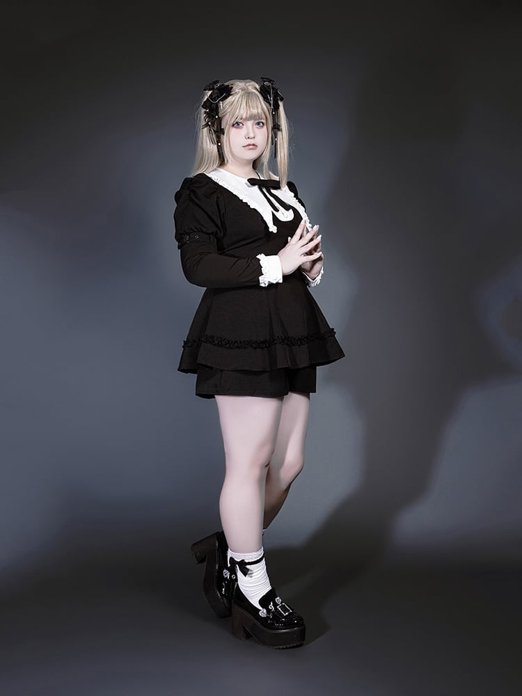 Black Jirai Juliette Flat Gothic Pointed Top with Sleeves Kei Set: Three-Piece White Collar