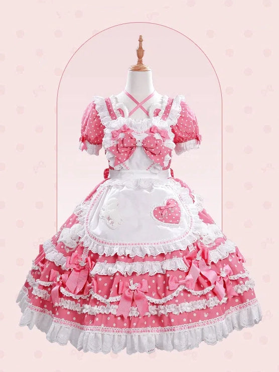 Süße herzförmige schwarze Lolita-Schleifen-Schürze, blau-rotes Mieder/rosa verziert