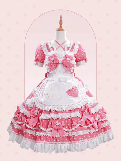 Süße herzförmige schwarze Lolita-Schleifen-Schürze, blau-rotes Mieder/rosa verziert