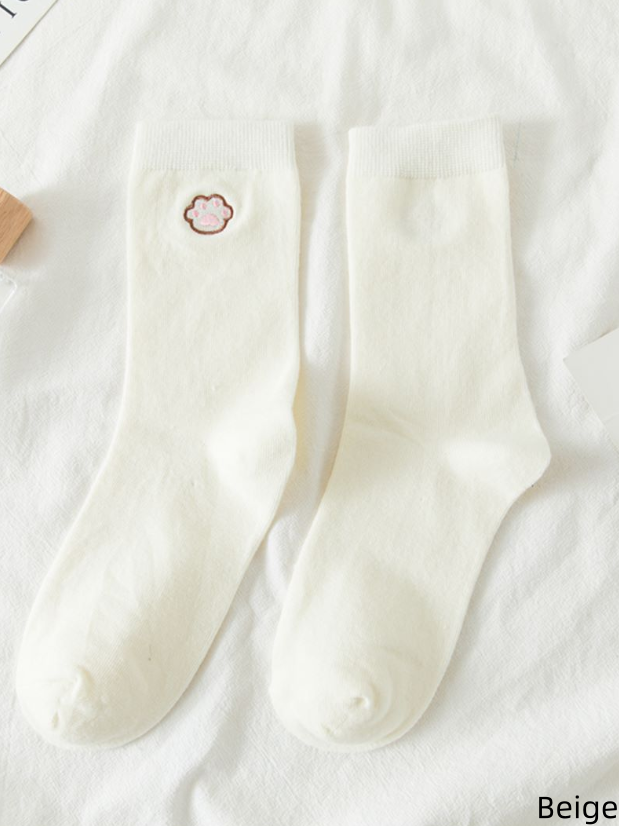 Kitten Cotton Sweet Socks White/Black/Beige Paw Embroidered