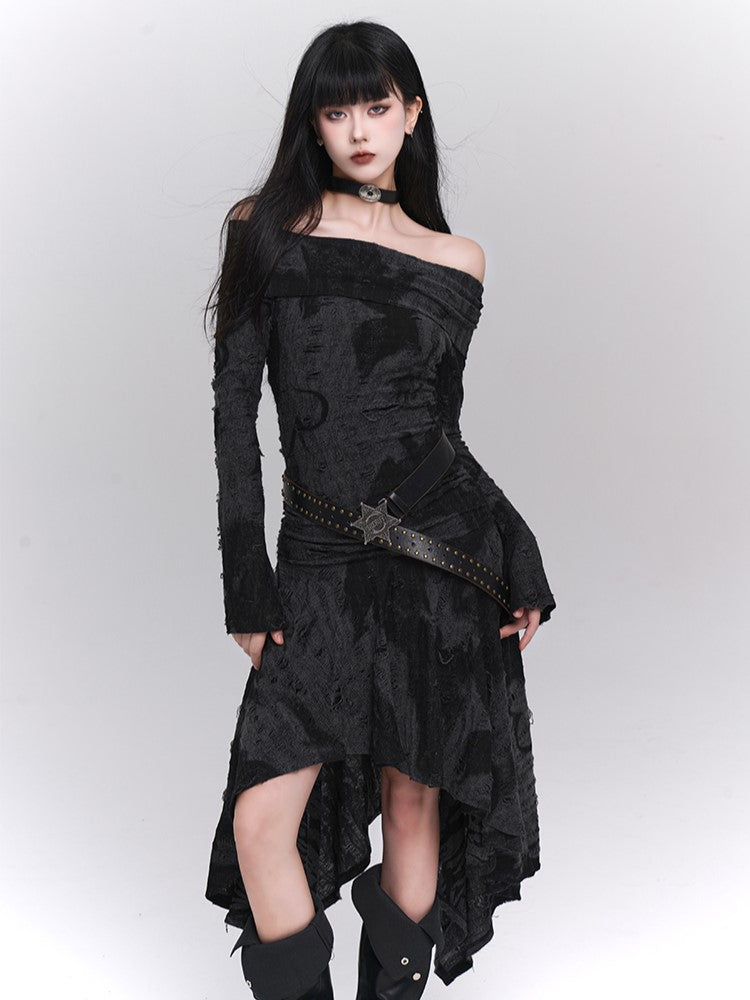 Hem Black Off-Shoulder with Bell Sleeves Dress Gothic Asymmetric Gray