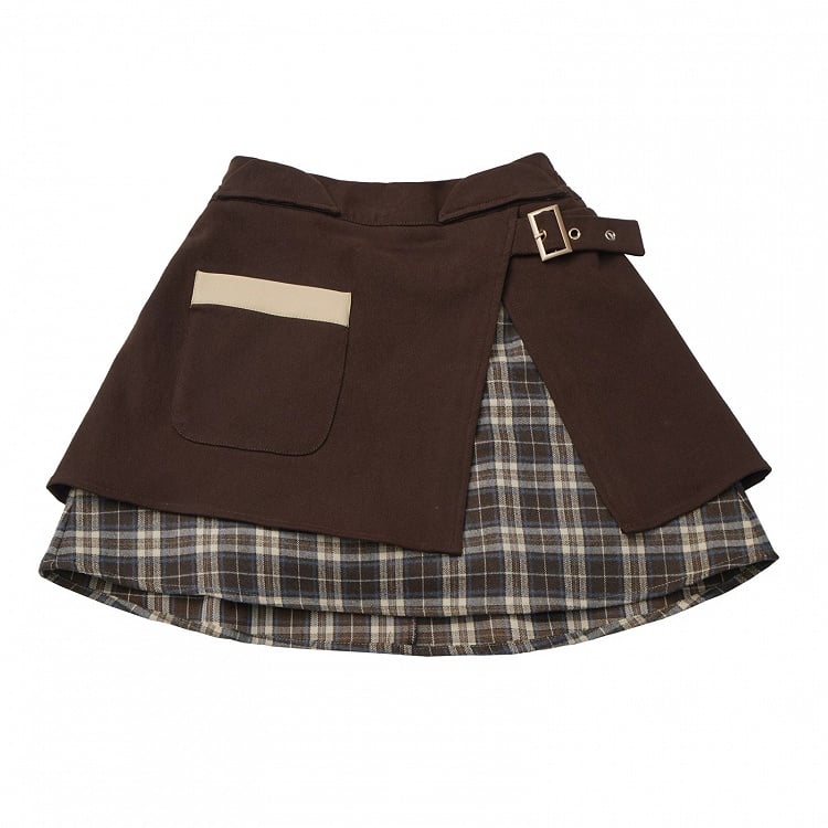 Design Plaid Pattern Patchwork with Details Skirt Brown