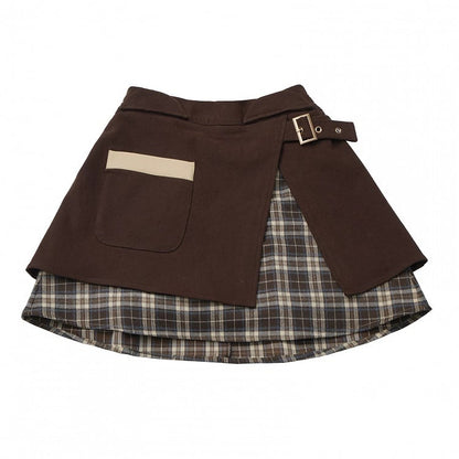 Design Plaid Pattern Patchwork with Details Skirt Brown