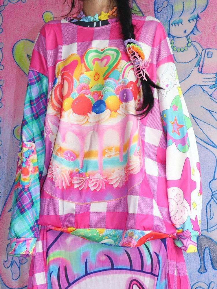 Y2K Pattern Plaid Cake Colorful Print Sweatshirt