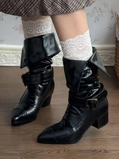 Toe Lolita Vintage - Mid-heel PU Pointed Classic Convertible Black with Inspired Cuff Boots Fasteners