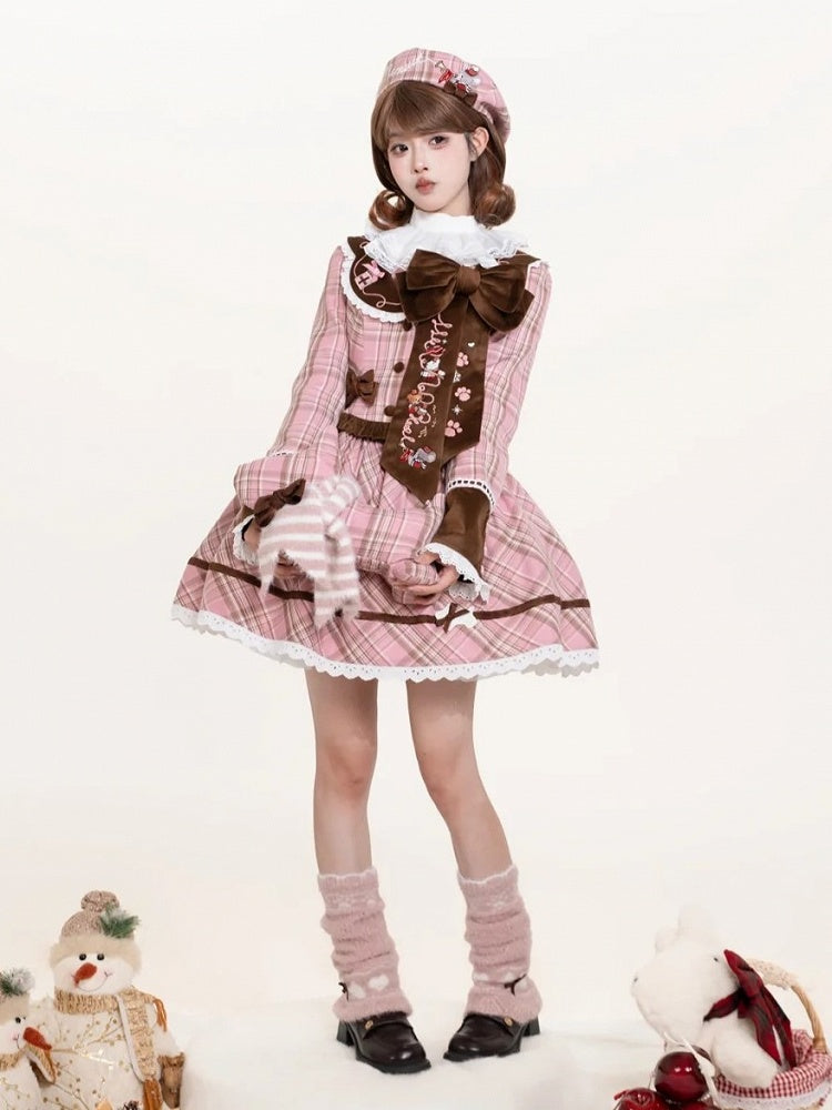 Doll Style Sleeveless Dress in Soft Pink Plaid with Big Embroidered Bowknot Brooch - iris de nuit