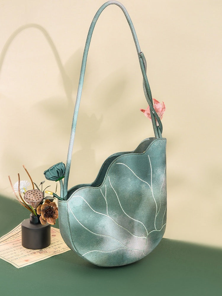 Embroidered Lotus Bag Pink Green - Miss Cat
