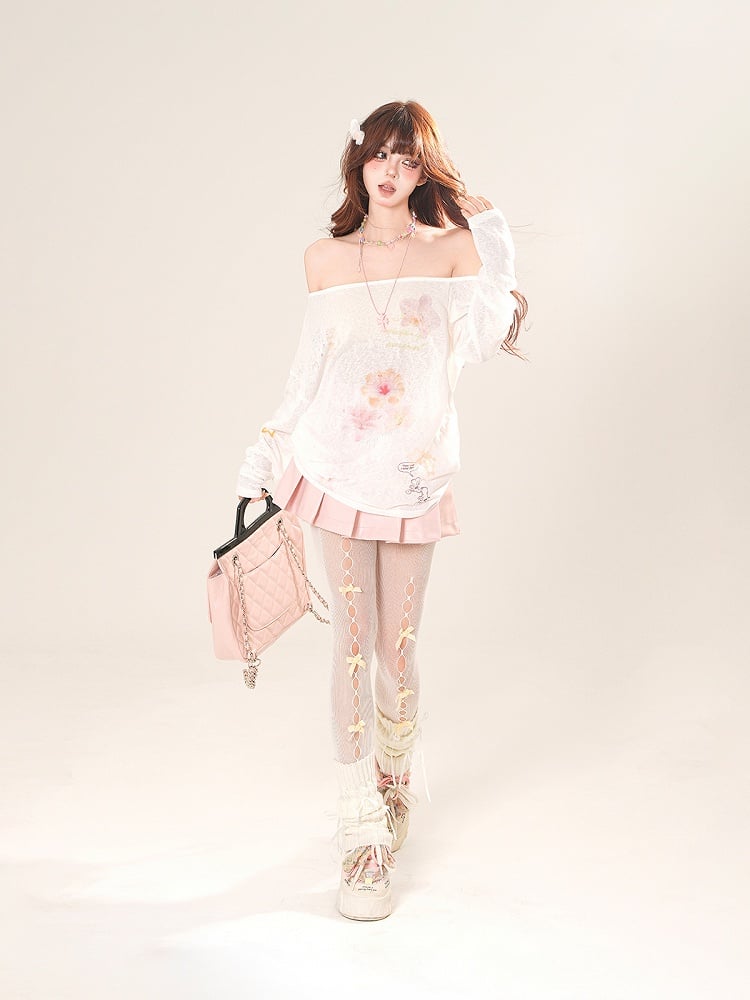 Coverup White Off-the-shoulder Neckline Floral Print Semi-sheer