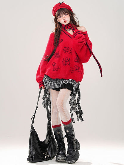 Grauer, lockerer Pullover mit V-Ausschnitt und kostenlosem Schal