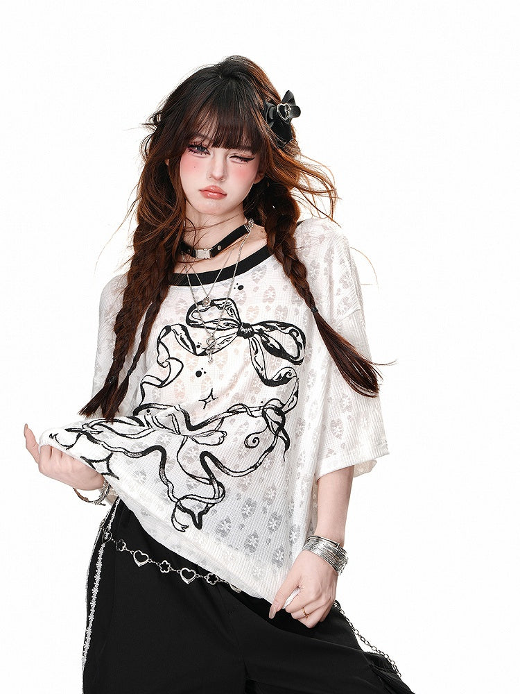 Blue/White Semi-sheer Bowknot Print Backless T-Shirt with Bow