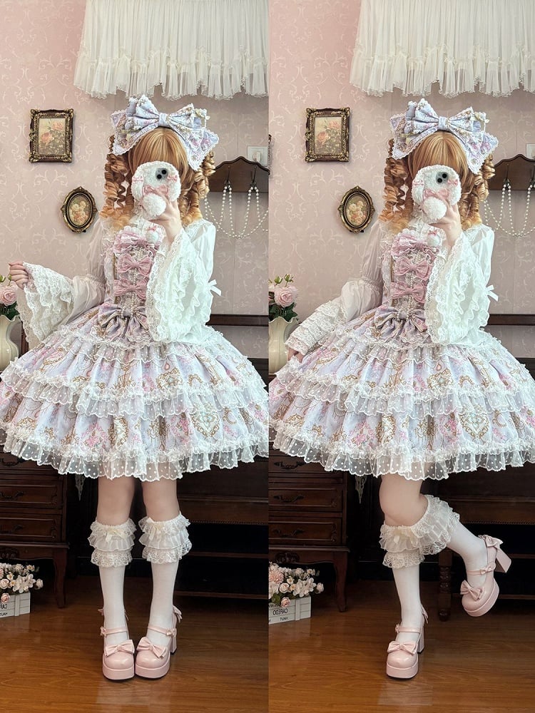 Print Accents Floral Bow JSK Lolita and with Chandelier Crystal Purple