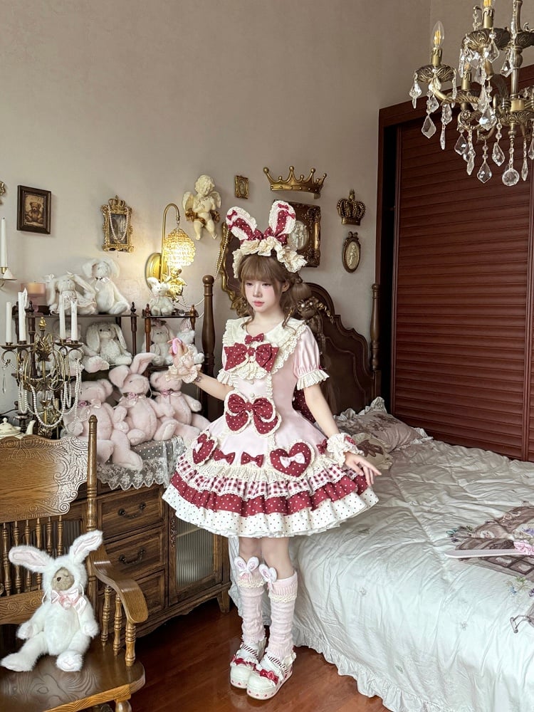 Red & Pink Puff-Sleeve Layered OP Sweet Lolita Dress with Bowknots & Heart Accents - Sweet Crystal