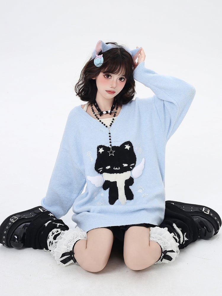 V-Neck Faux Two-Piece Sweater with Scarfed Angel Cat Pattern Blue/Gray