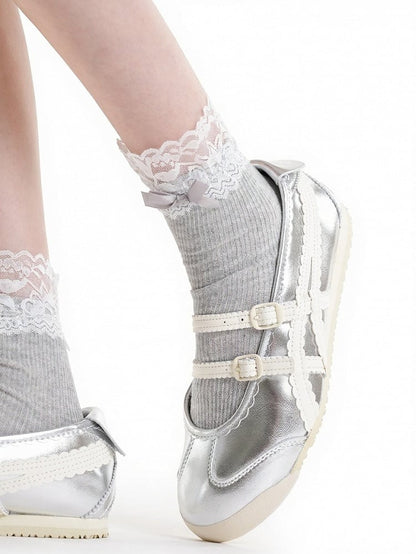 Four-Color Lace Trim Ankle Socks with Bowknot - ModaSwings