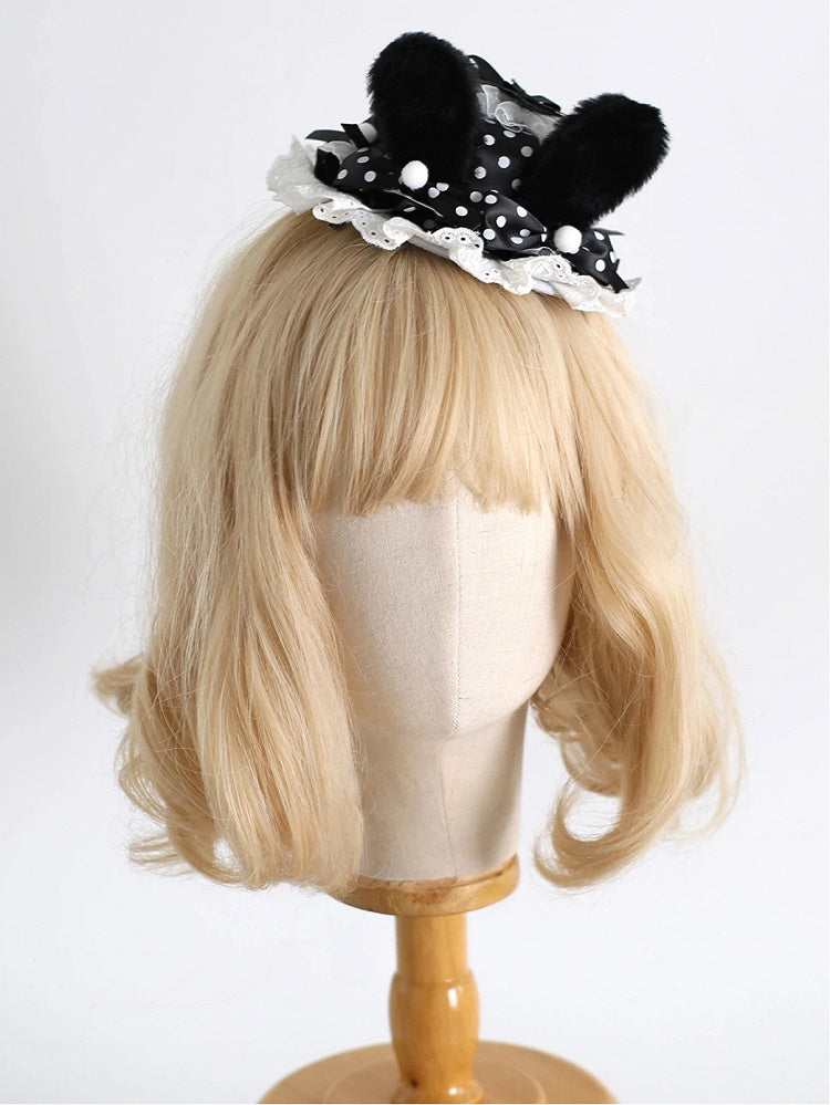 White Pom-Pom Dot Lolita - Bunny Hat Black Design Furry Ear Polka Mini