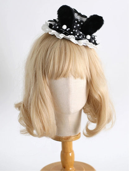 White Pom-Pom Dot Lolita - Bunny Hat Black Design Furry Ear Polka Mini