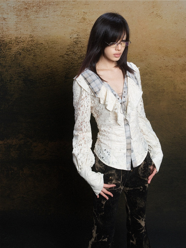 Apricot Romantic Lace Blouse Plaid Collar Punk Polo Crisscross with Lacing