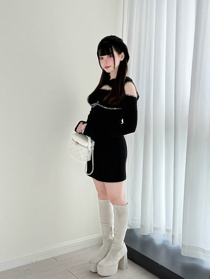 mit Jirai Kawaii Kei Kleid Brust und Schulter Schwarzer Alltagshoodie Ausschnitte über dem Knie