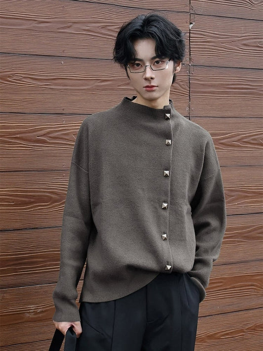 Cardigan Chinese Style Gray Unisex Button Closure Placket Classic in Knit with