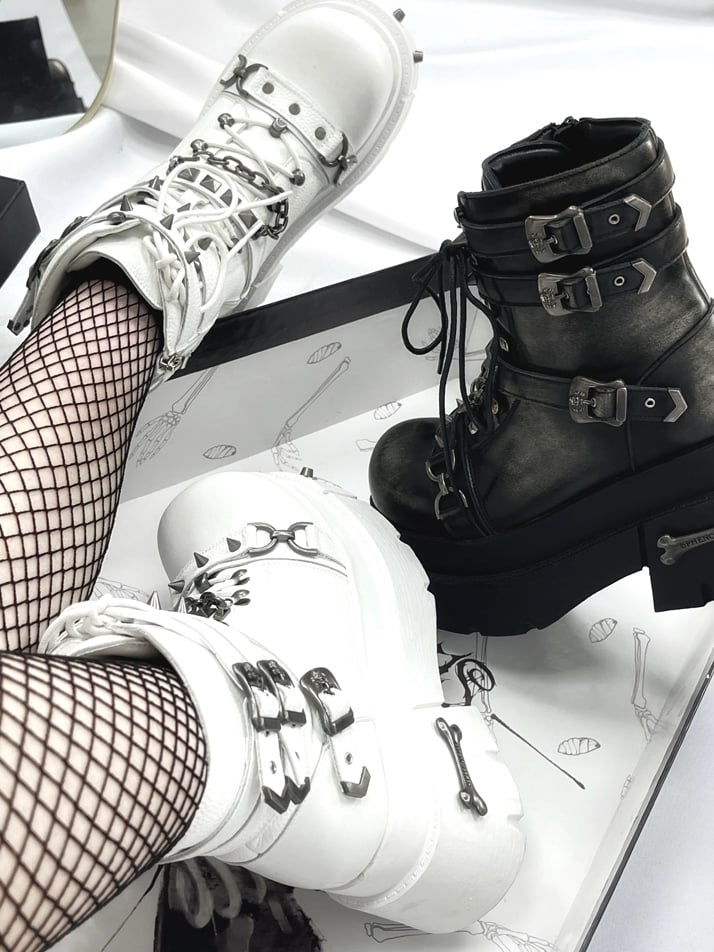 Straps with Studded Buckle White Details Platform Punk Boots